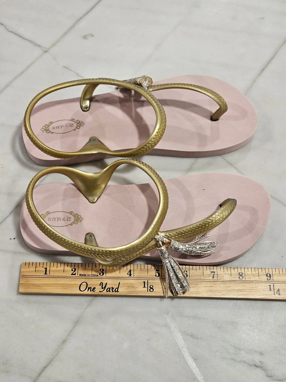 Joyfolie Girls Cassia Pink Gold Glitter Tassel Accent Flip Flops